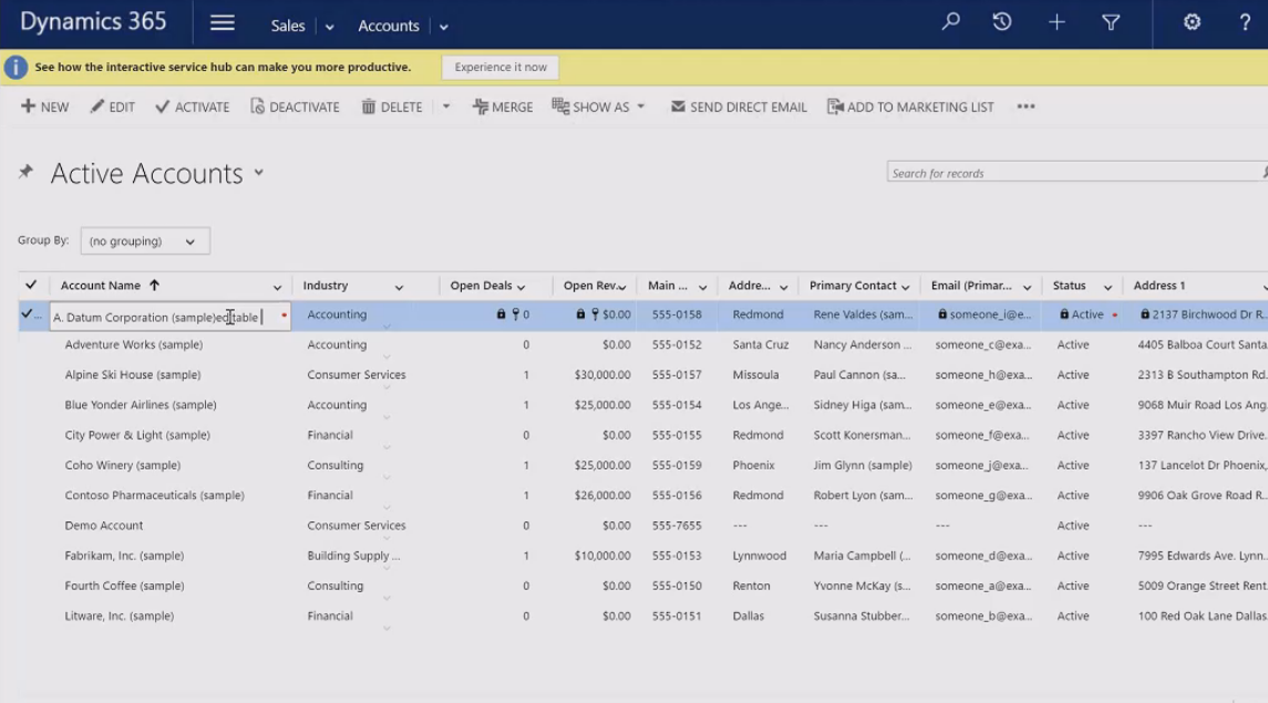 Microsoft Dynamics 365: screenshot Editable Grid